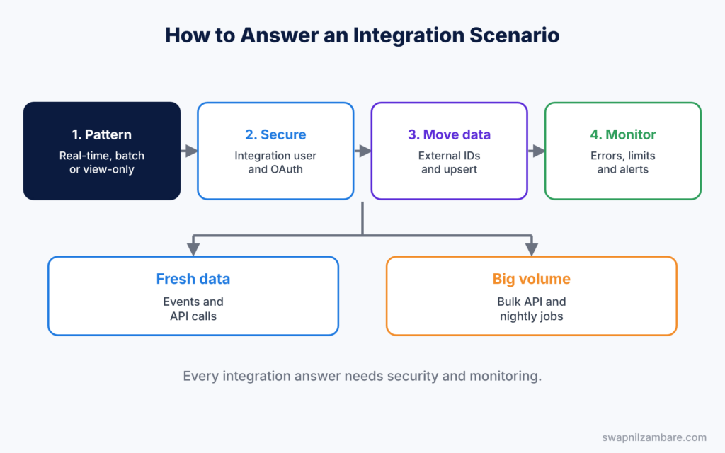 Integration Scenario Interview Questions diagram showing pattern, security, data, then monitoring