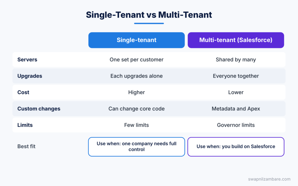 Salesforce Multi-Tenant Architecture diagram comparing single-tenant and multi-tenant models