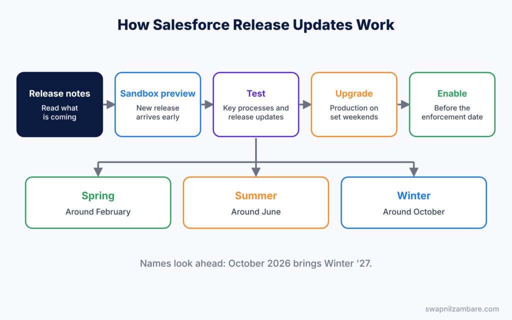 Salesforce Release Updates diagram showing release notes, sandbox preview, testing, upgrade and enabling updates