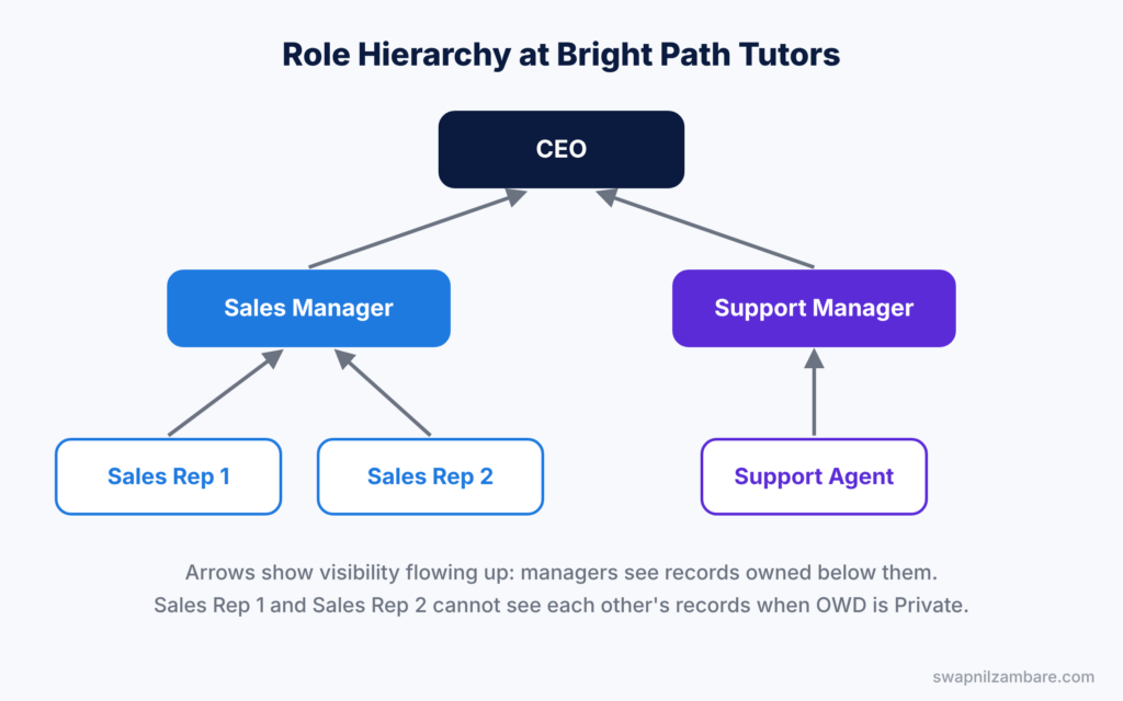 Salesforce Sharing Rules diagram showing an example role hierarchy